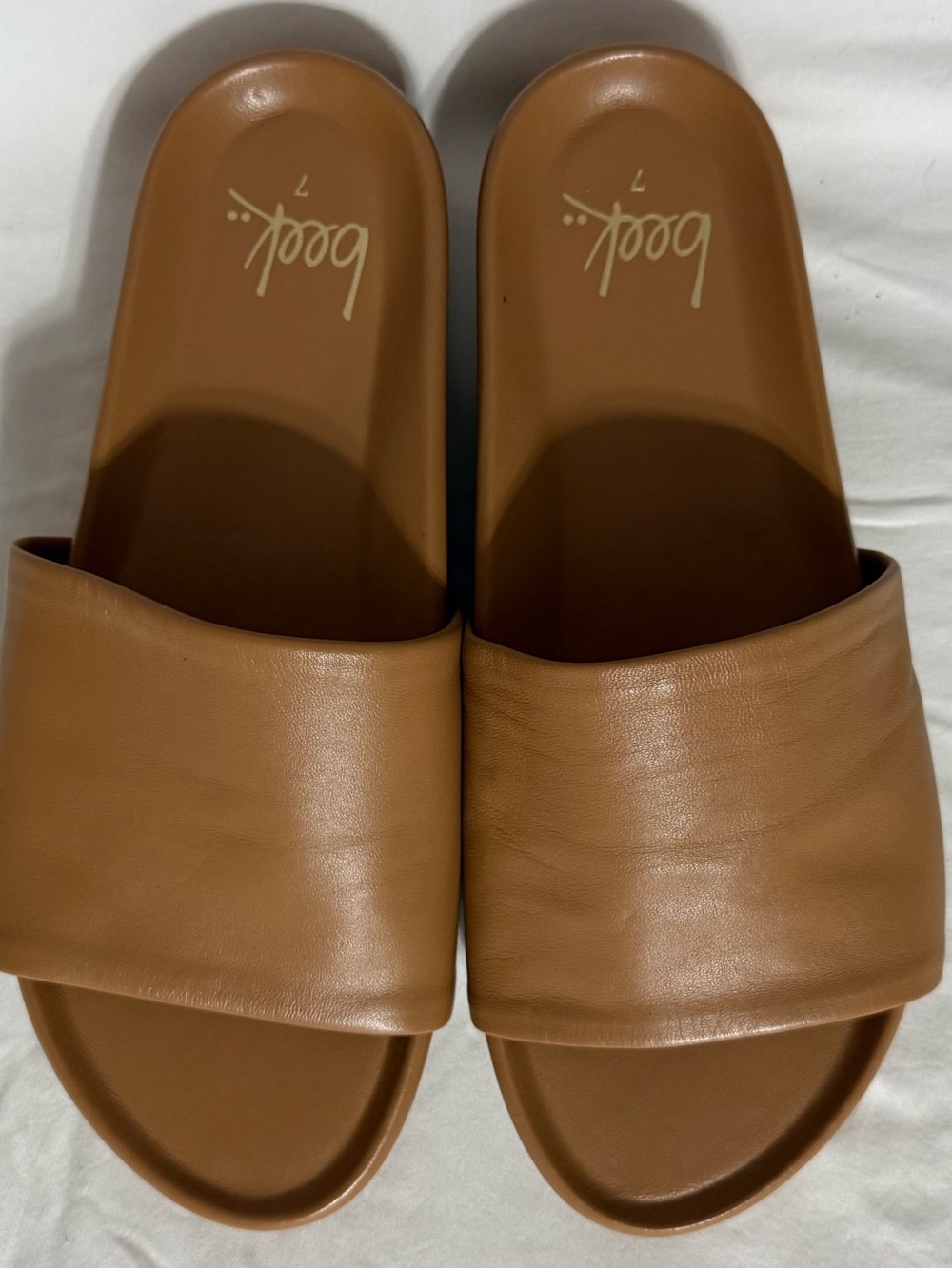 Beek Pelican Leather Platform Slide Sandals Size 7 Honey Tan NWOB